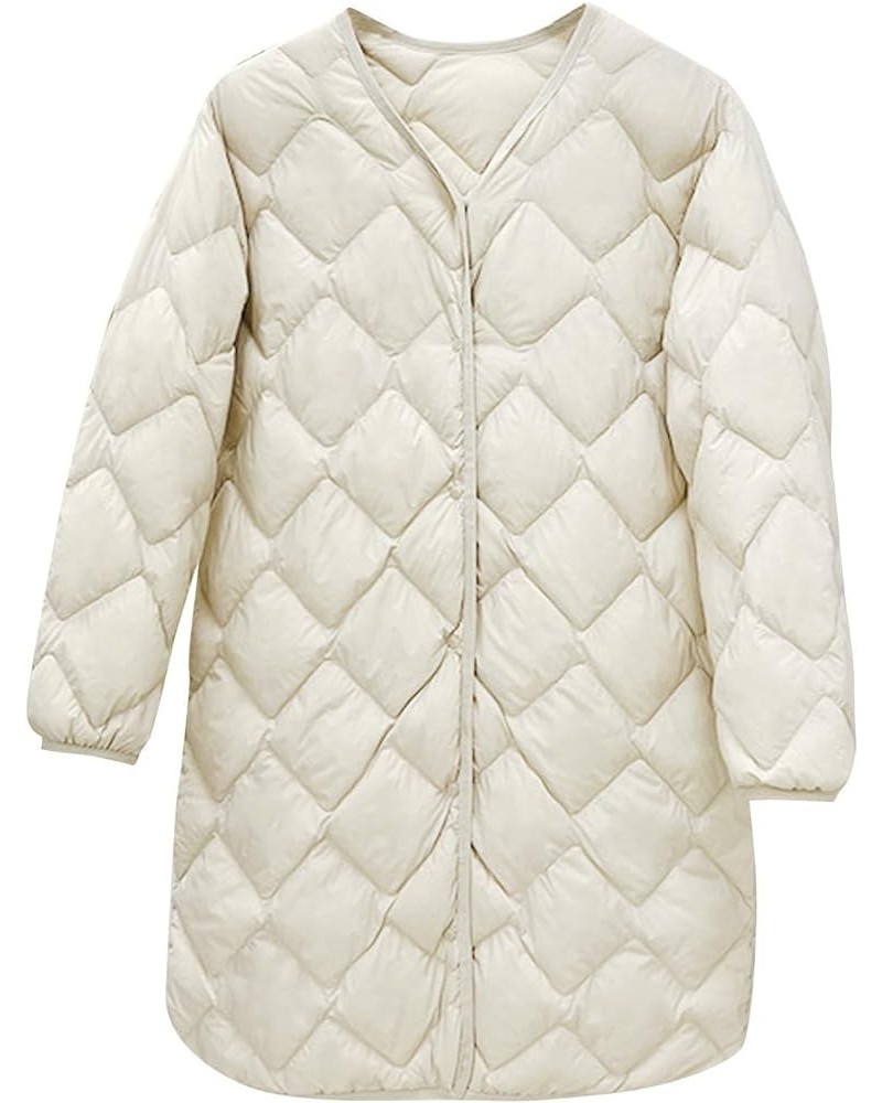 Plus Size Women Long Quilted Coat Collarless Long Sleeve Puffer Jacket Padded Down Winter Warm Loose Fit Outerwear White $26....