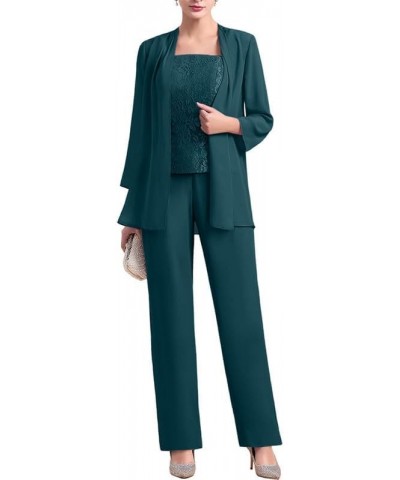 Mother of The Bride Pant Suits 3 Pieces Lace Mother of The Bride Dresses Outfit Set Wedding Guest Dress Chiffon Dark Green $3...