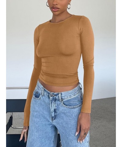 Women's Casual Basic Going Out Crop Tops Slim Fit Long Sleeve Crew Neck Tight T Shirts Yellow $6.50 Tees