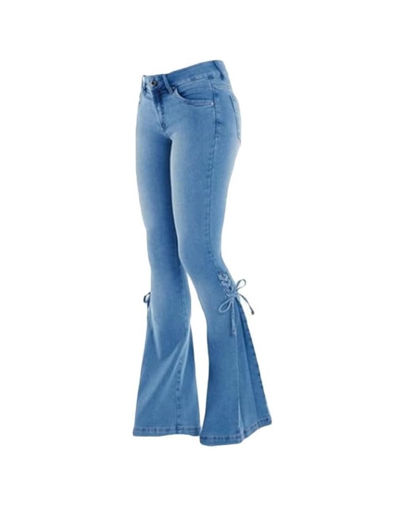 Lace-up Bell Bottom Pants Jeans for Women Mid Waisted Wide Leg Bootcut Slim Denim Pants Trousers Blue $15.94 Jeans