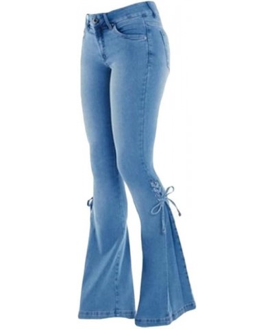 Lace-up Bell Bottom Pants Jeans for Women Mid Waisted Wide Leg Bootcut Slim Denim Pants Trousers Blue $15.94 Jeans