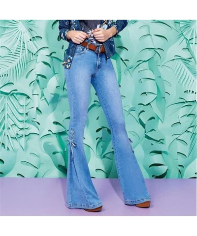 Lace-up Bell Bottom Pants Jeans for Women Mid Waisted Wide Leg Bootcut Slim Denim Pants Trousers Blue $15.94 Jeans