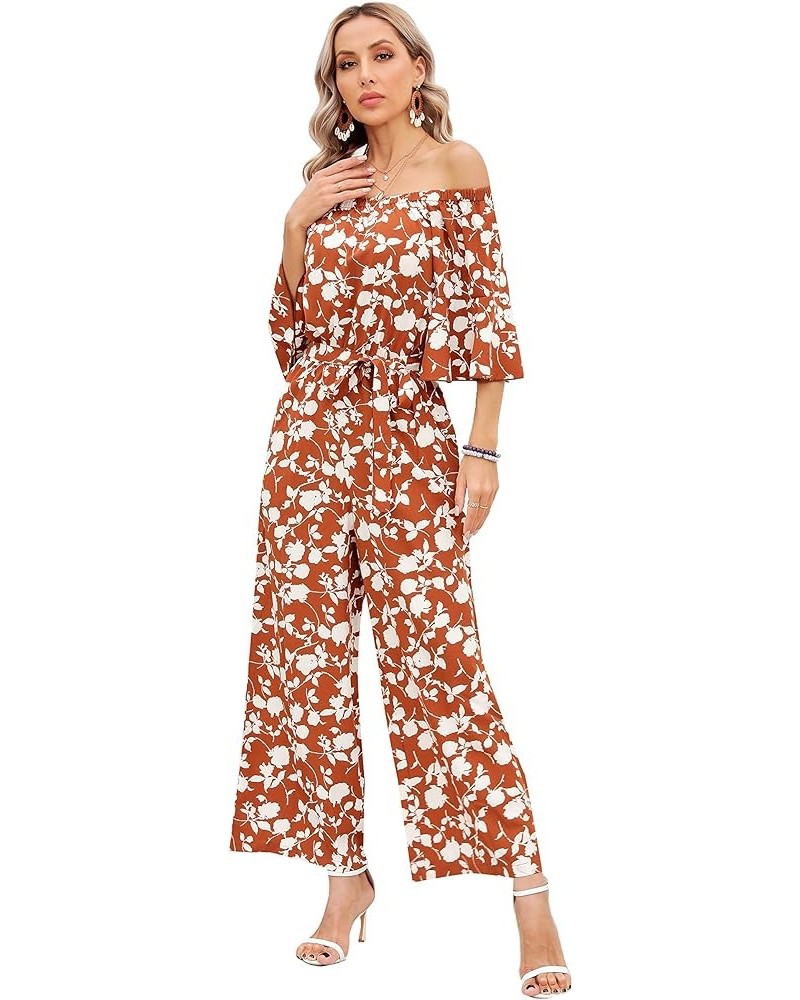 Jumpsuits for Women, Floral Off Shoulder Ruffled Short Sleeve High Waist Wide Leg Pants Romper Dressy Coffee White Leaf $13.0...