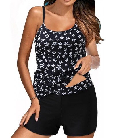 Tankini Swimsuits for Women Two Piece Tummy Control Bathing Suits Blouson Tankini Top with Sporty Boy Shorts Swimwear A-black...