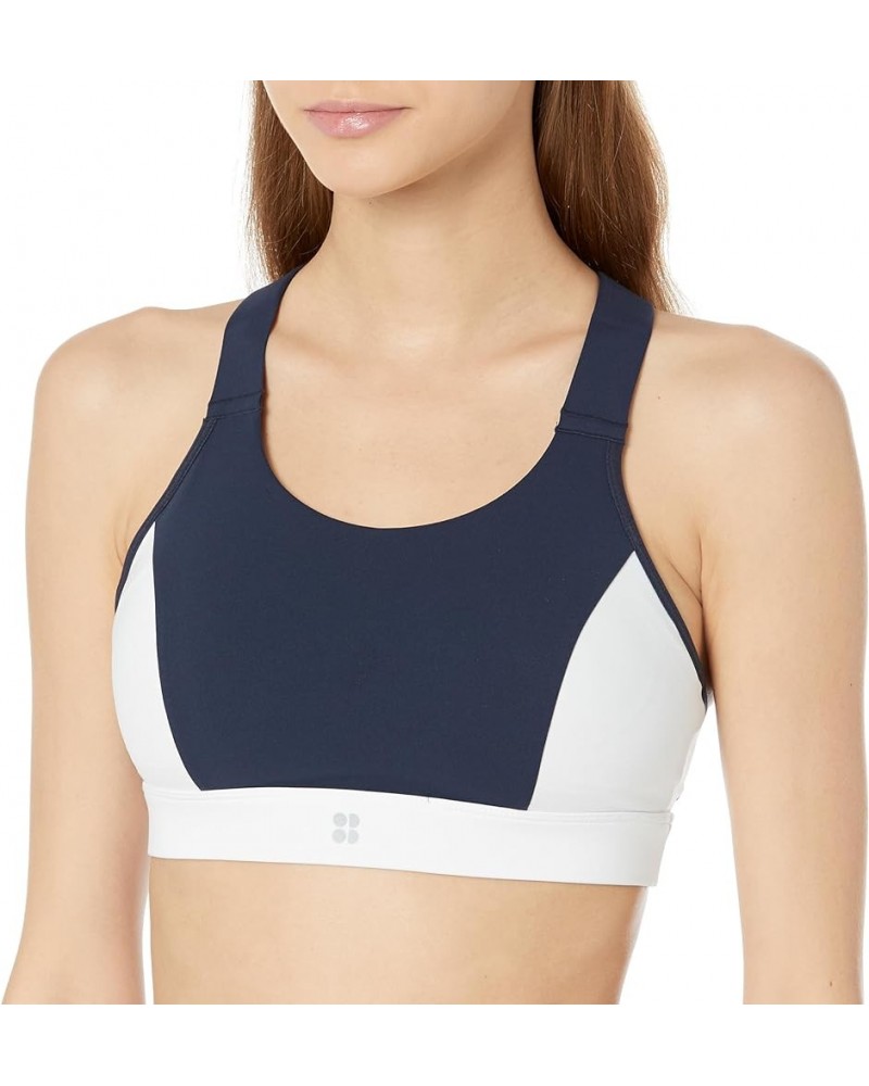 Women's Power Medium Racer Back Workout Sports Bra Navy Blue/ White $29.51 Lingerie