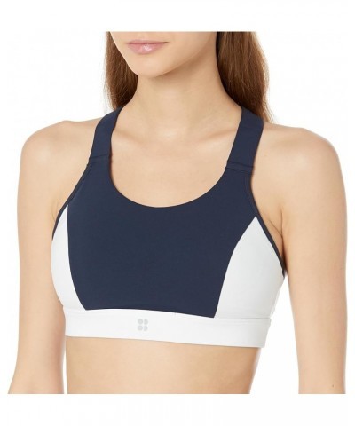 Women's Power Medium Racer Back Workout Sports Bra Navy Blue/ White $29.51 Lingerie