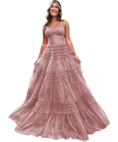 Women's Tiered Glitter Tulle Prom Dresses V Neck Ruffles Formal Evening Party Gowns Dusty Rose $37.10 Dresses