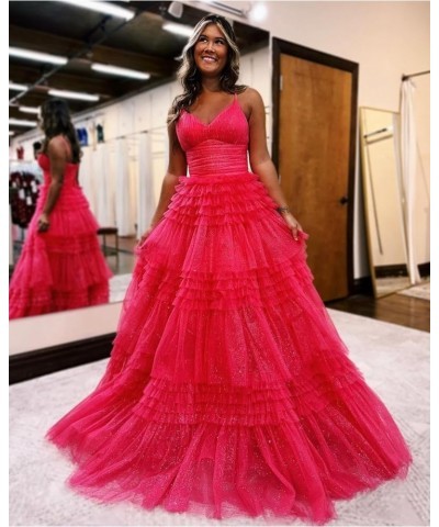 Women's Tiered Glitter Tulle Prom Dresses V Neck Ruffles Formal Evening Party Gowns Dusty Rose $37.10 Dresses