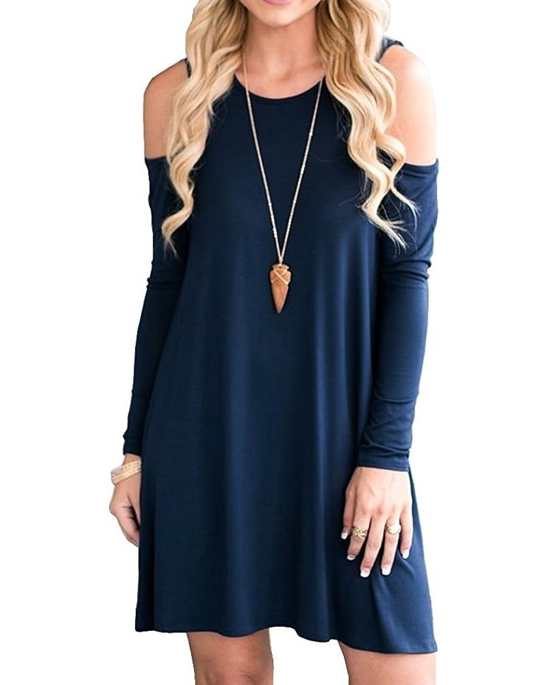 Women's Short Sleeve Cold Shoulder Tunic Top Swing T-Shirt Loose Dress with Pockets Long Sleeve-navy Blue $11.19 Dresses