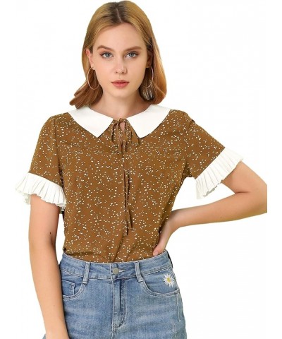 Women's Contrast Doll Collar Polka Dots Tops Short Sleeves Blouse Brown $10.00 Blouses