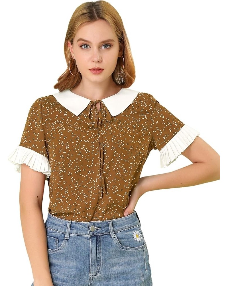 Women's Contrast Doll Collar Polka Dots Tops Short Sleeves Blouse Brown $10.00 Blouses