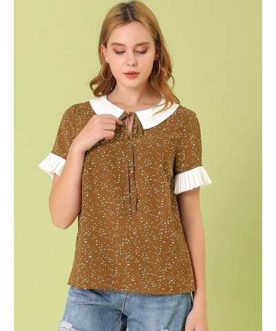 Women's Contrast Doll Collar Polka Dots Tops Short Sleeves Blouse Brown $10.00 Blouses