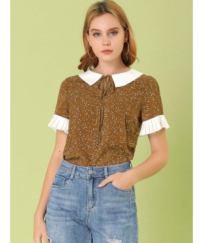 Women's Contrast Doll Collar Polka Dots Tops Short Sleeves Blouse Brown $10.00 Blouses