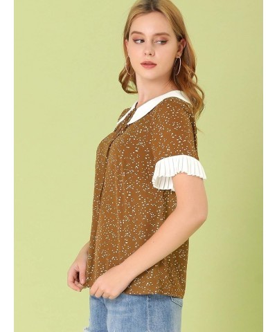 Women's Contrast Doll Collar Polka Dots Tops Short Sleeves Blouse Brown $10.00 Blouses