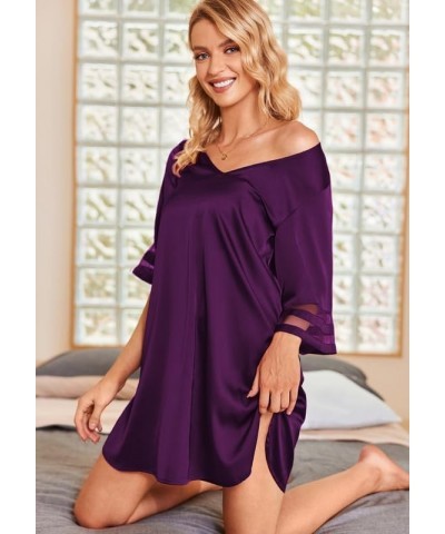 Silk Nightgown for Women 3/4 Sleeves Satin Sleep Shirt V Neck Knee Length Sleep Dress Wineberry $15.95 Sleep & Lounge