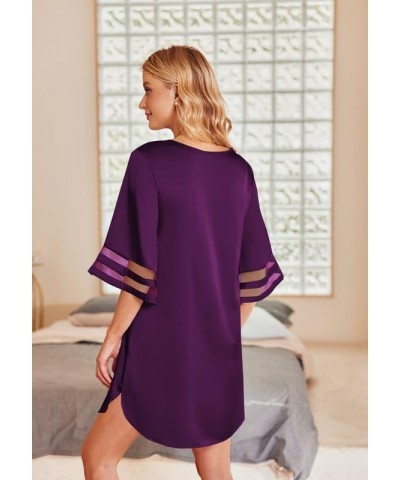 Silk Nightgown for Women 3/4 Sleeves Satin Sleep Shirt V Neck Knee Length Sleep Dress Wineberry $15.95 Sleep & Lounge