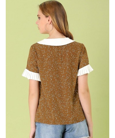 Women's Contrast Doll Collar Polka Dots Tops Short Sleeves Blouse Brown $10.00 Blouses