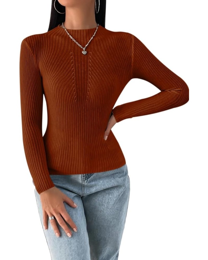 Women's Fall Sweaters 2023 Trendy Long Sleeve Mock Neck Ribbed Knit Sweaters Casual Slim Fit Basic Pullover Tops Rust Red $12...