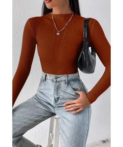 Women's Fall Sweaters 2023 Trendy Long Sleeve Mock Neck Ribbed Knit Sweaters Casual Slim Fit Basic Pullover Tops Rust Red $12...