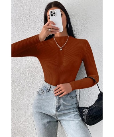 Women's Fall Sweaters 2023 Trendy Long Sleeve Mock Neck Ribbed Knit Sweaters Casual Slim Fit Basic Pullover Tops Rust Red $12...