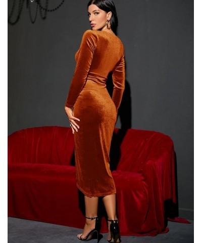 2023 Wrap Ruched Velvet Dress V Neck Short Ruffle Sleeves Long Bodycon Midi Elegant Party Wedding Guest Cocktail 1. Rust Oran...