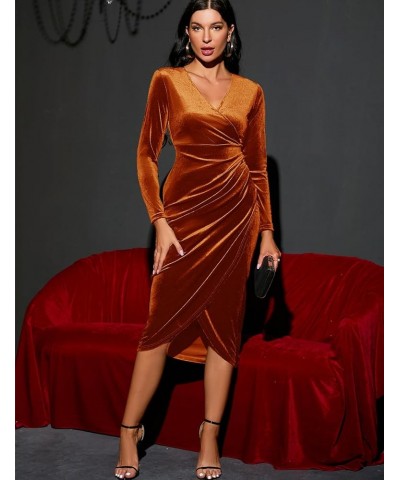 2023 Wrap Ruched Velvet Dress V Neck Short Ruffle Sleeves Long Bodycon Midi Elegant Party Wedding Guest Cocktail 1. Rust Oran...