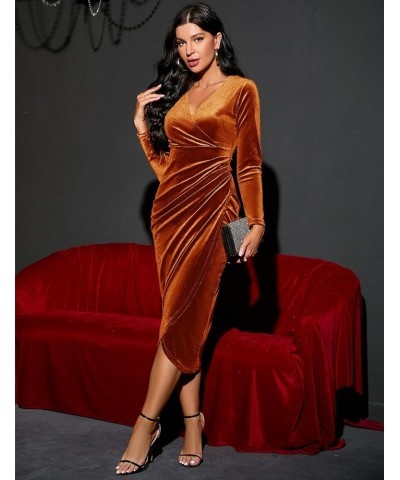 2023 Wrap Ruched Velvet Dress V Neck Short Ruffle Sleeves Long Bodycon Midi Elegant Party Wedding Guest Cocktail 1. Rust Oran...