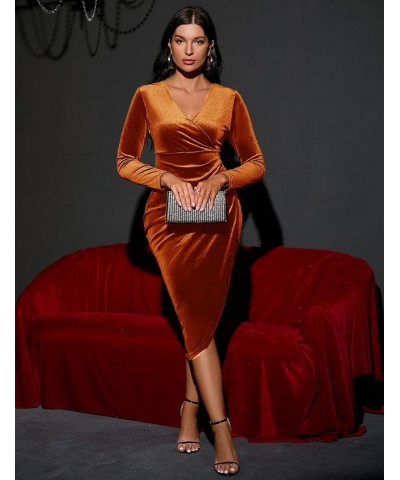 2023 Wrap Ruched Velvet Dress V Neck Short Ruffle Sleeves Long Bodycon Midi Elegant Party Wedding Guest Cocktail 1. Rust Oran...