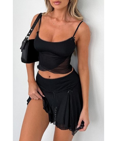 Women Y2K Ruffle 2 Piece Skirt Set Off Shoulder Sheer Mesh Tube Top Fringed Irregular Skirts Outfit Streetwear Zh-black Mesh ...