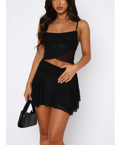 Women Y2K Ruffle 2 Piece Skirt Set Off Shoulder Sheer Mesh Tube Top Fringed Irregular Skirts Outfit Streetwear Zh-black Mesh ...