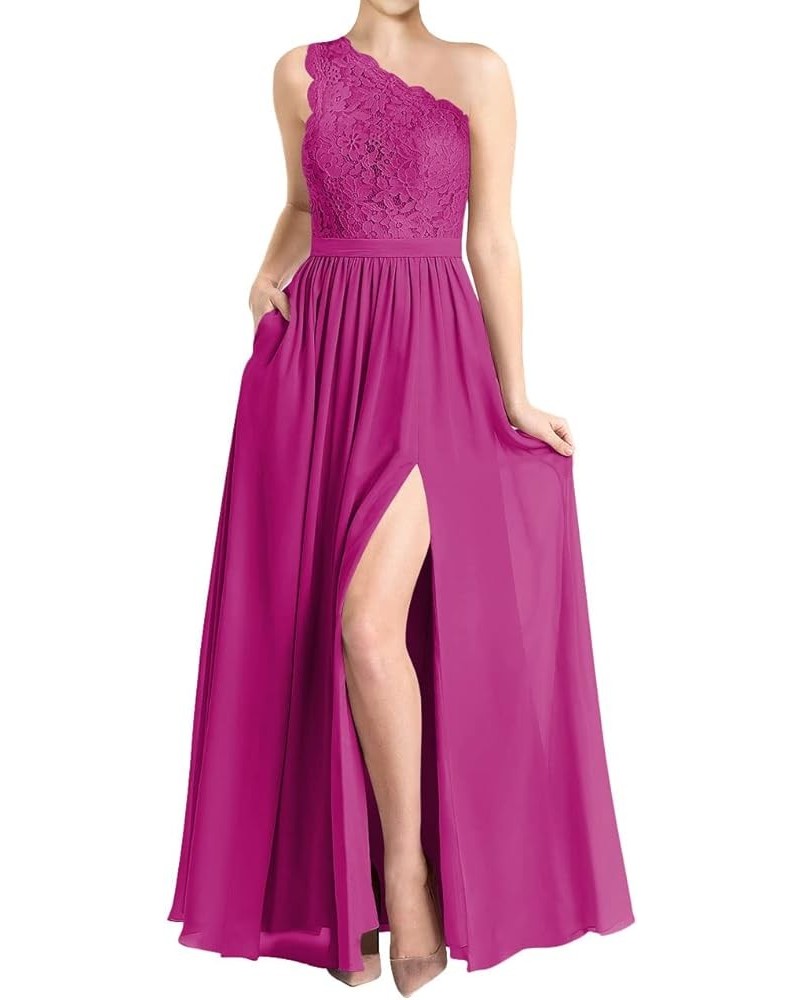 One Shoulder Bridesmaid Dresses Long Prom Dresses Lace Evening Formal Dress Split Wedding Party Fuchsia $34.85 Dresses