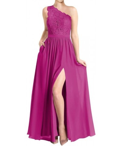 One Shoulder Bridesmaid Dresses Long Prom Dresses Lace Evening Formal Dress Split Wedding Party Fuchsia $34.85 Dresses