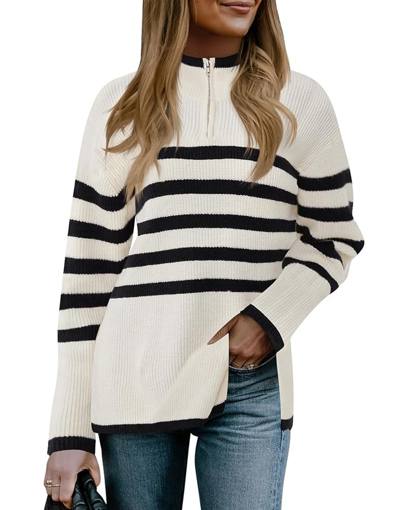 Womens Striped Sweater Quarter Zip Oversized Pullover Sweaters Fall 2023 Trendy Beige $20.08 Sweaters