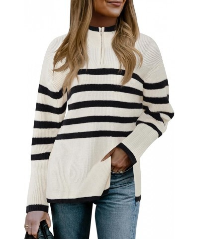 Womens Striped Sweater Quarter Zip Oversized Pullover Sweaters Fall 2023 Trendy Beige $20.08 Sweaters