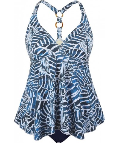 Women's Tankini Swimsuits Two Piece Bathing Suit V Neck Swimwear Flowy T-Back Swim Tops with Bottoms Blue Leaves $21.72 Swims...