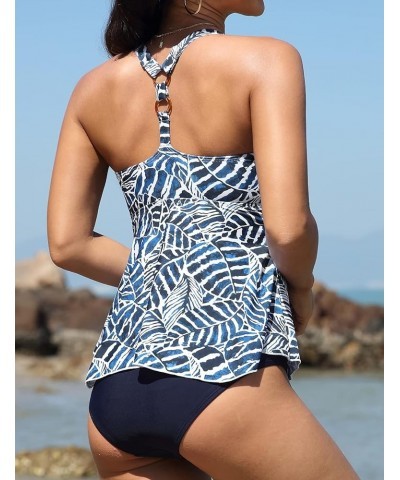 Women's Tankini Swimsuits Two Piece Bathing Suit V Neck Swimwear Flowy T-Back Swim Tops with Bottoms Blue Leaves $21.72 Swims...