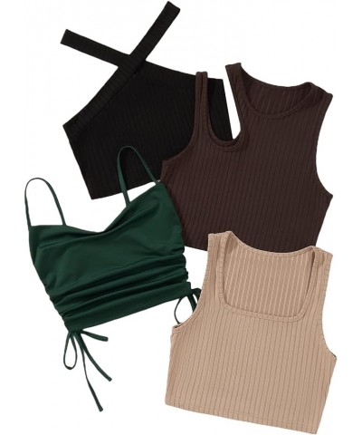 Women's 4 Piece Ribbed Knit Cut Out Drawstring Sleeveless Crop Tank Tops Set Multicolor $18.54 Tanks