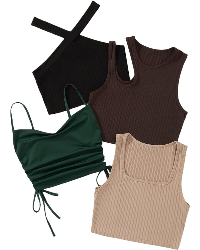 Women's 4 Piece Ribbed Knit Cut Out Drawstring Sleeveless Crop Tank Tops Set Multicolor $18.54 Tanks