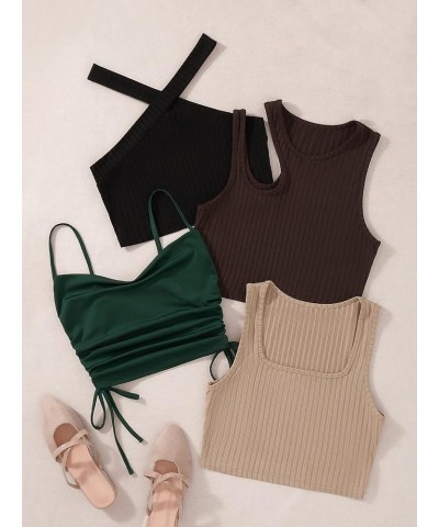 Women's 4 Piece Ribbed Knit Cut Out Drawstring Sleeveless Crop Tank Tops Set Multicolor $18.54 Tanks