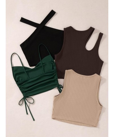 Women's 4 Piece Ribbed Knit Cut Out Drawstring Sleeveless Crop Tank Tops Set Multicolor $18.54 Tanks