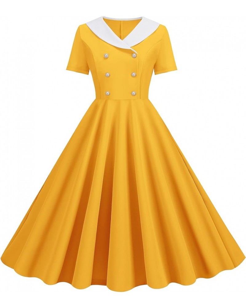 Women's White Lapel Collar 1940s 1950s Vintage Swing A Line Dress Fancy Yellow $13.23 Dresses