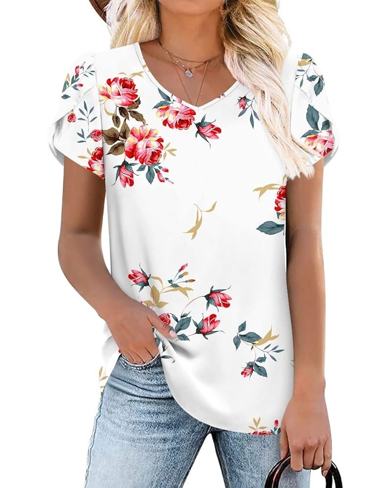 2024 Womens Summer Tops Casual Chiffon Tunics Ruffle Short Sleeve Shirt Loose Comfy T-Shirt Blouse V/Floral White $13.02 Tops