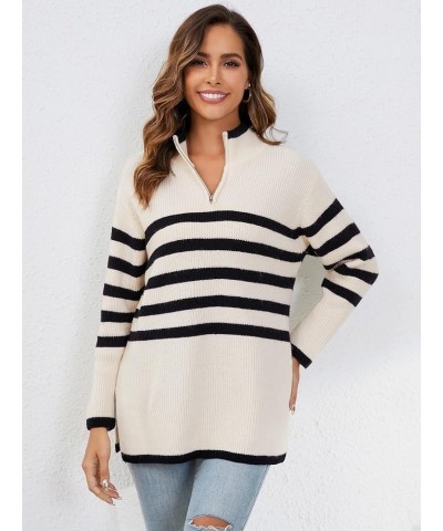 Womens Striped Sweater Quarter Zip Oversized Pullover Sweaters Fall 2023 Trendy Beige $20.08 Sweaters