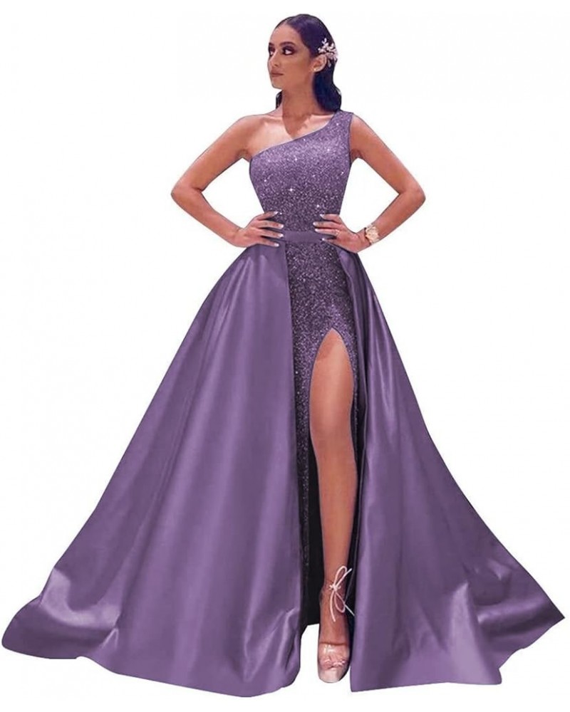 Women's One Shoulder Prom Dresses Long with Detachable Train Satin Sparkly Sequin Ball Gown Formal Dress Slit Mauve $40.85 Dr...