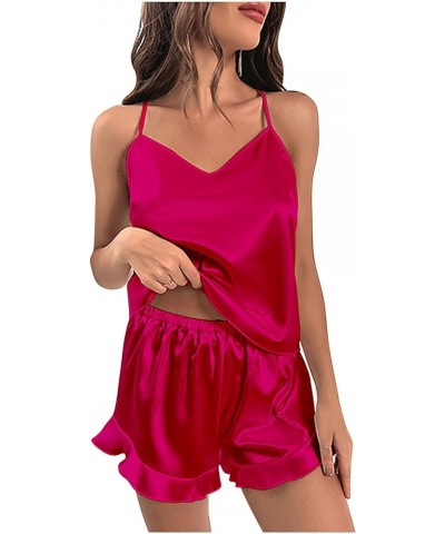 Pajamas for Women Set Silk Satin Sexy Camisole 2 Piece Pajamas Sets Soft Comfy Ruffle Cute Pajamas Sleepwear 15 Hot Pink $10....