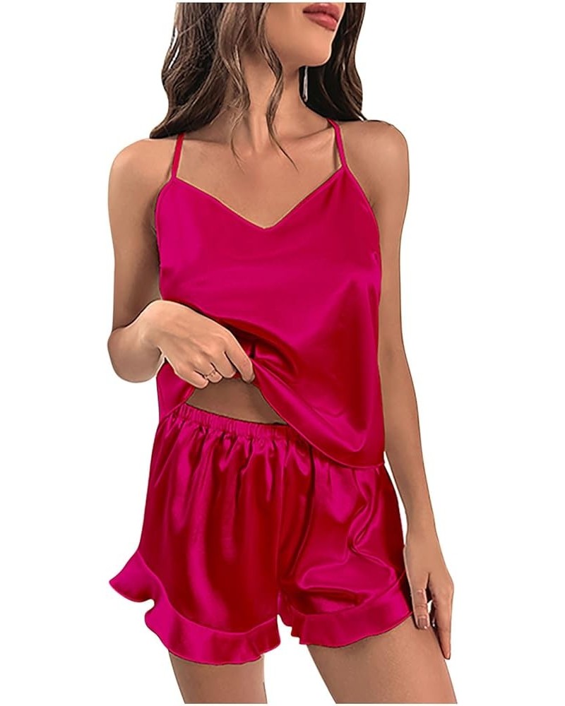 Pajamas for Women Set Silk Satin Sexy Camisole 2 Piece Pajamas Sets Soft Comfy Ruffle Cute Pajamas Sleepwear 15 Hot Pink $10....