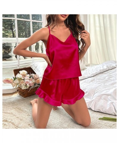 Pajamas for Women Set Silk Satin Sexy Camisole 2 Piece Pajamas Sets Soft Comfy Ruffle Cute Pajamas Sleepwear 15 Hot Pink $10....