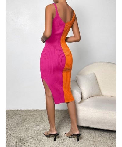 Women's 2023 Bodycon Midi Dress Colorblock Y2K Ribbed Knit Dress Orange Hot Pink $16.92 Dresses