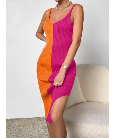 Women's 2023 Bodycon Midi Dress Colorblock Y2K Ribbed Knit Dress Orange Hot Pink $16.92 Dresses