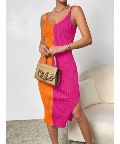 Women's 2023 Bodycon Midi Dress Colorblock Y2K Ribbed Knit Dress Orange Hot Pink $16.92 Dresses